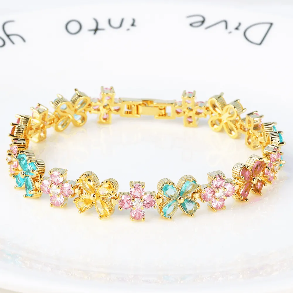 Bracelet Fleur En Zircon Coloré Cuivre Plaqué Or Bijoux Floraux Élégants Pour Femmes Style Minimaliste Doux