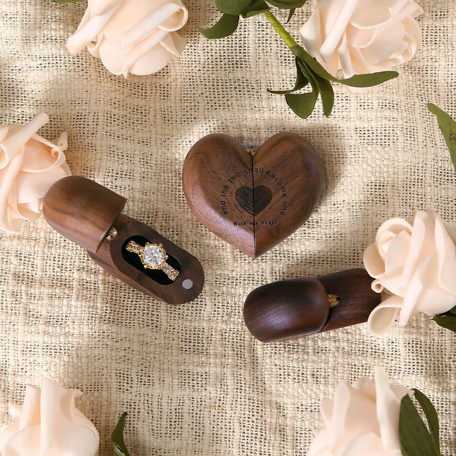 Heart Shaped Ring Box Black Walnut Wood Proposal Engagement Wedding Jewelry Storage Case Magnetic Lid