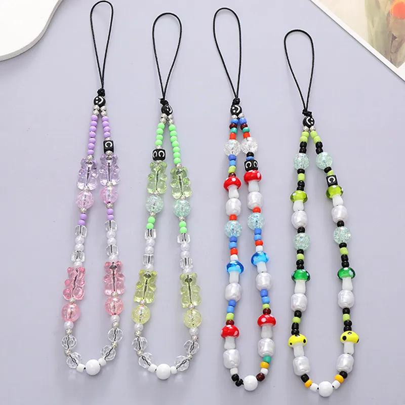 Colorful Bear Mushroom Beaded Phone Chain Anti-Fall Lanyard For Women Girls Acrylic Resin Artificial Pearl Phone Case Charm