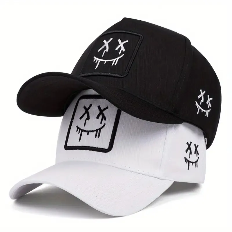 Cotton Baseball Cap With Dripping Smiley Face Embroidery Outdoor Sun Protection Adjustable Streetwear Hat For Men Women