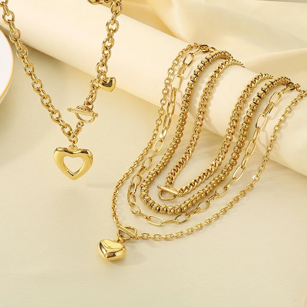 Edelstahl Herz Anhänger Halskette Mode Hohl OT Verschluss O Kette Mehrlagiger Schmuck Für Damen Gold Silber Ton