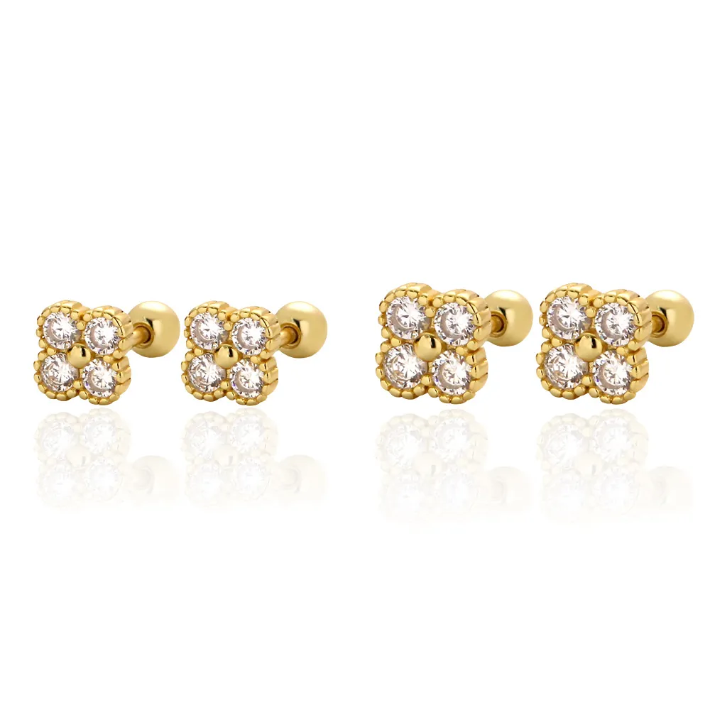 Four Leaf Clover Stud Earrings 925 Sterling Silver Cubic Zirconia Vintage Western Fashion For Women Screw Ball Back
