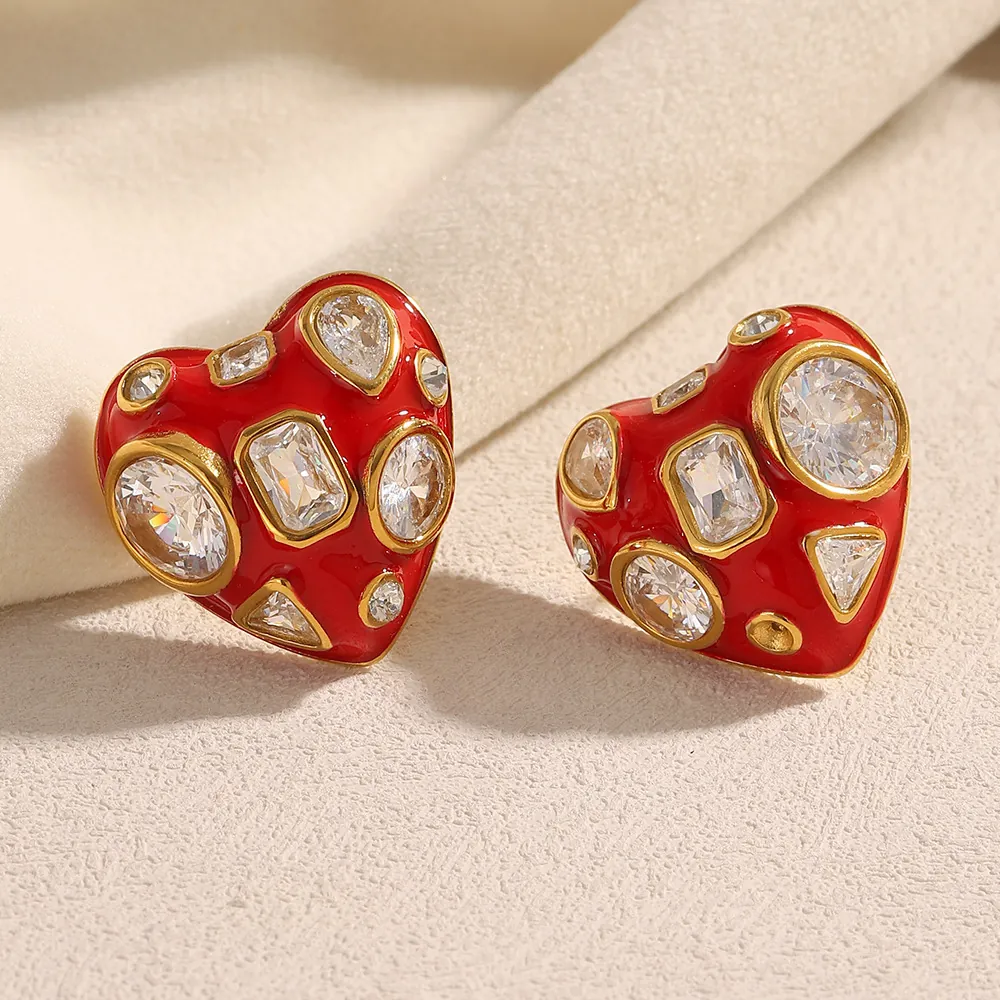 Retro Heart Stud Earrings Red Enamel Cubic Zirconia 18K Gold Plated Stainless Steel Jewelry For Women Vintage INS Style
