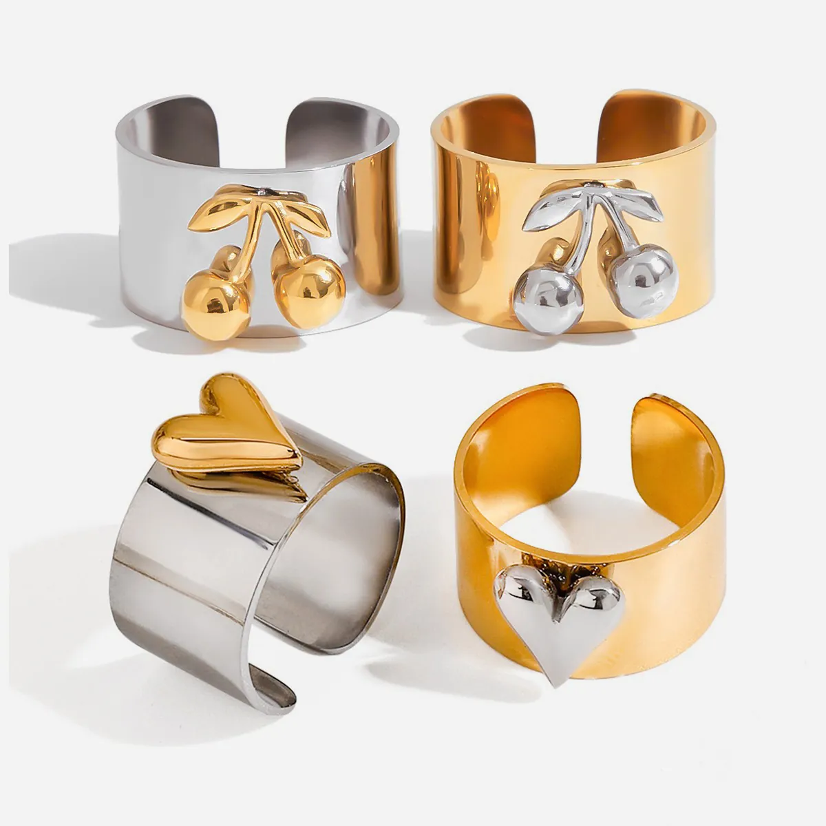 Stainless Steel Rings Two Tone Gold Silver Heart Cherry Shape Adjustable Open Band Jewelry Waterproof For Women
