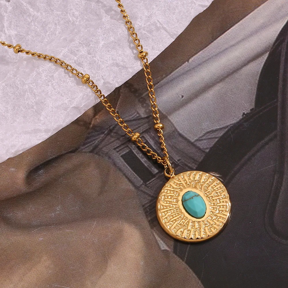 18K Gold Plated Stainless Steel Hammered Turquoise Round Pendant Necklace Bohemian Bead Chain Fashion Jewelry For Women