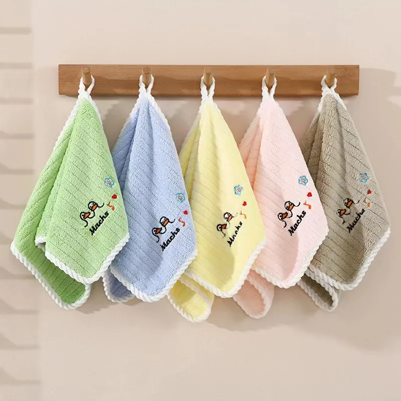 Hanging Hand Towel Coral Fleece Absorbent Soft Cartoon Duck Embroidery Bathroom Kitchen Face Towels For Toddler Kids