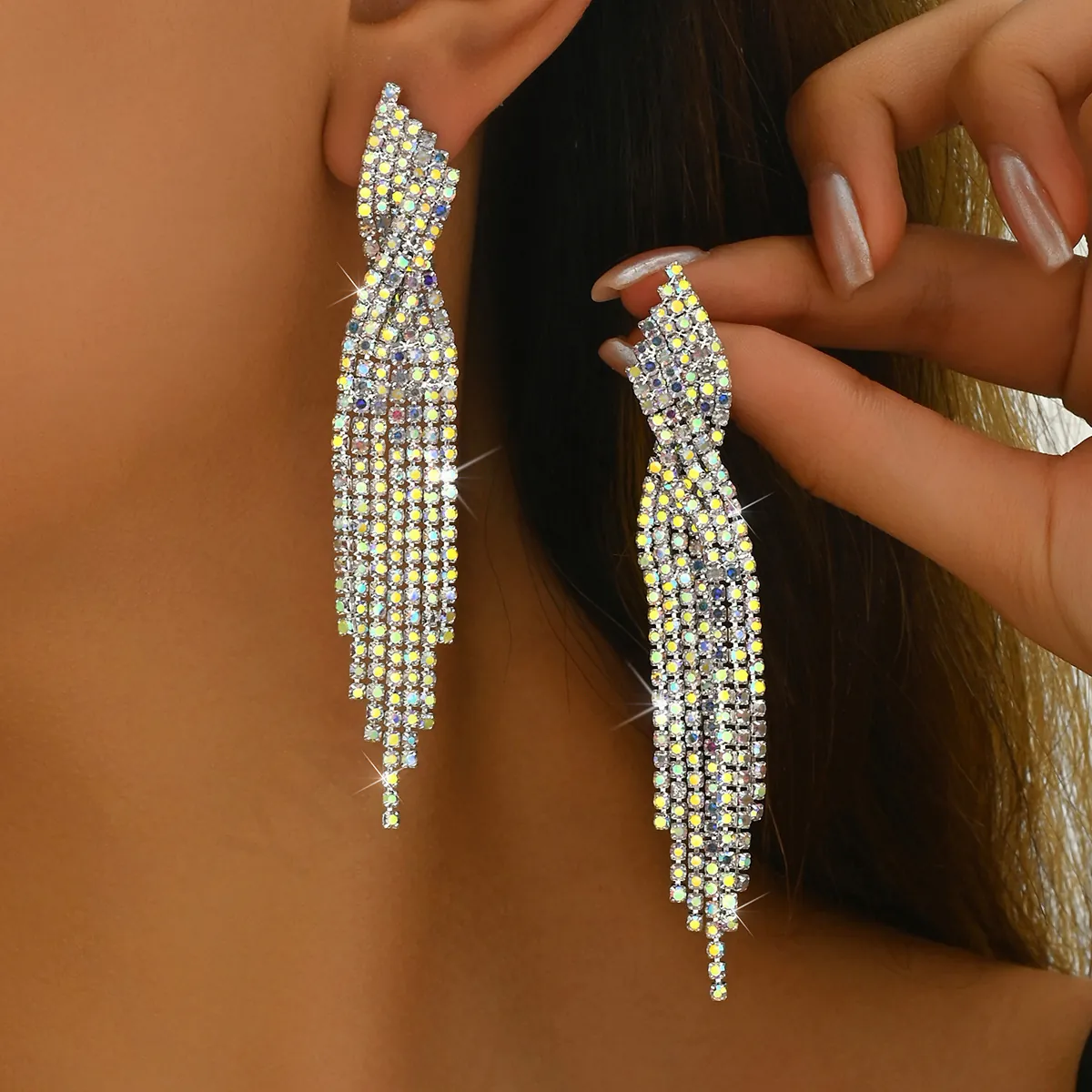 Long Tassel Earrings Copper Rhinestone Waterfall Dangle Drop Party Banquet Wedding Statement Jewelry For Women