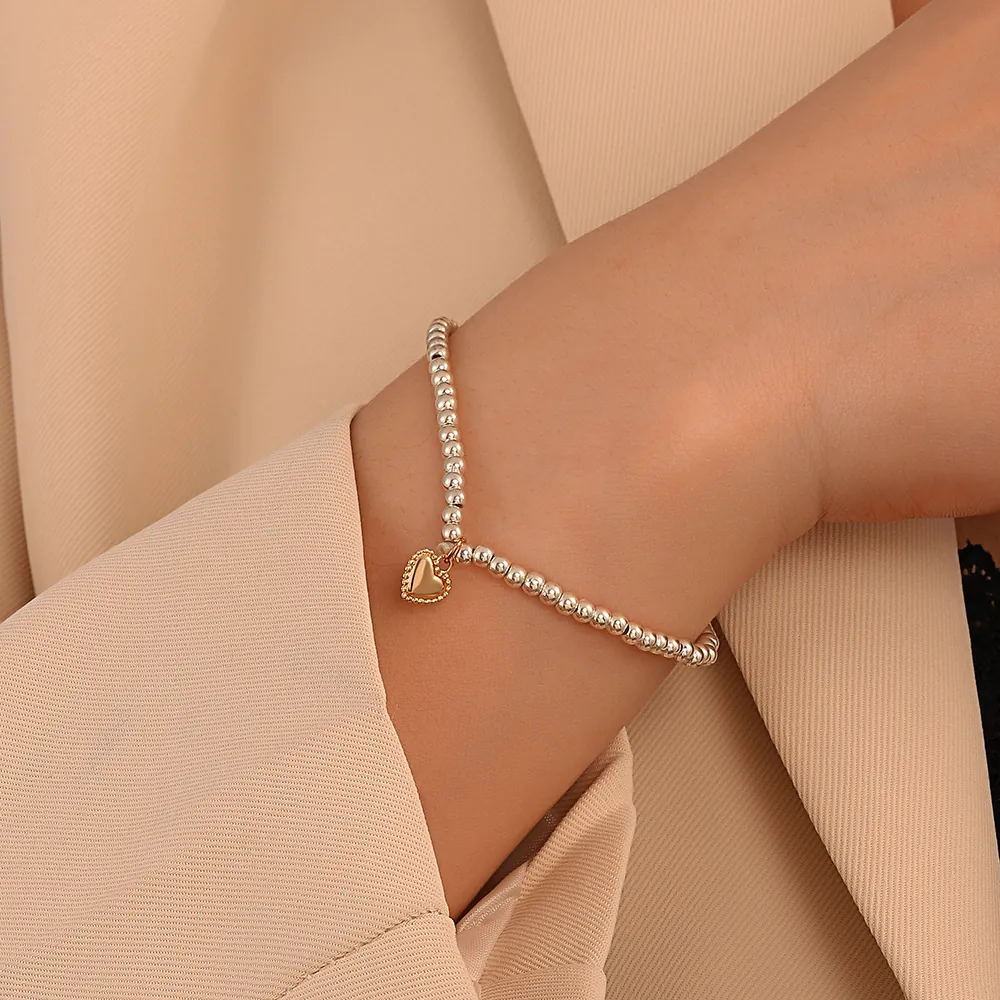 Heart Pendant Beaded Bracelet Alloy Copper Metal Mixed Color Minimalist Ins Style Fashion Jewelry For Women