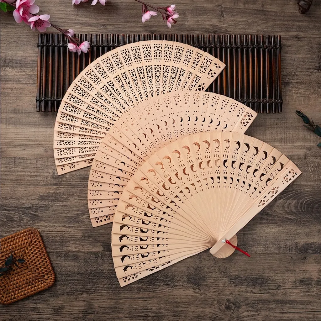 Wooden Folding Fan Hollow Carved Natural Wood Handheld Vintage Chinese Style For Wedding Party Favors Gift Home Decor