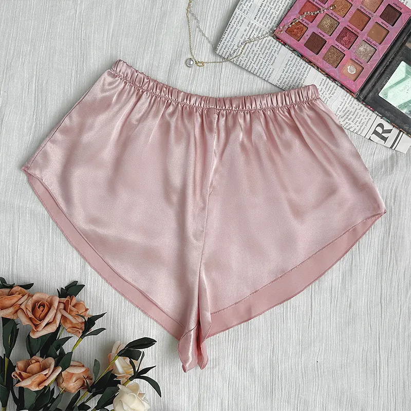 Short De Nuit En Satin Pour Femmes Imitation Satin Taille Élastique Lâche Bas De Détente Couleur Unie Doux Vêtements De Maison