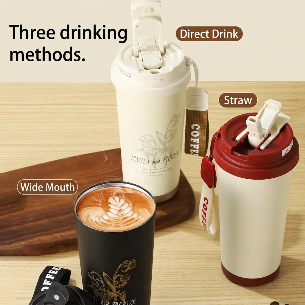 Vacuum Insulated Coffee Tumbler 316 Stainless Steel Leak Proof With Strap Floral Print Portable Travel Mug