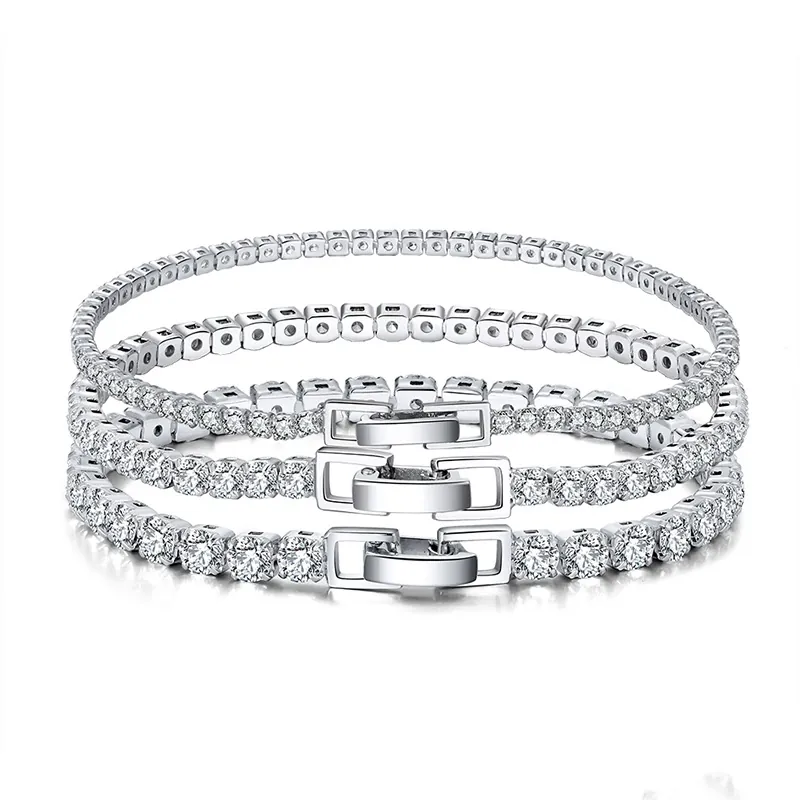 Classic Tennis Bracelet 925 Sterling Silver Sparkling Round Cubic Zirconia Elegant Jewelry Wedding Party Gift For Women