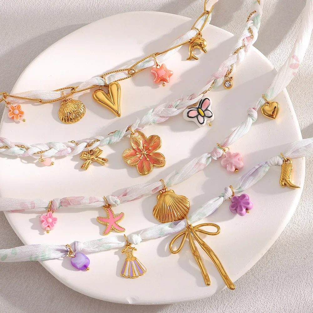 Collier Pendentif Papillon Fleur Cœur Acier Inoxydable Plaqué Or 18K Avec Chaîne Tissée En Ruban Bijoux Boho Femmes