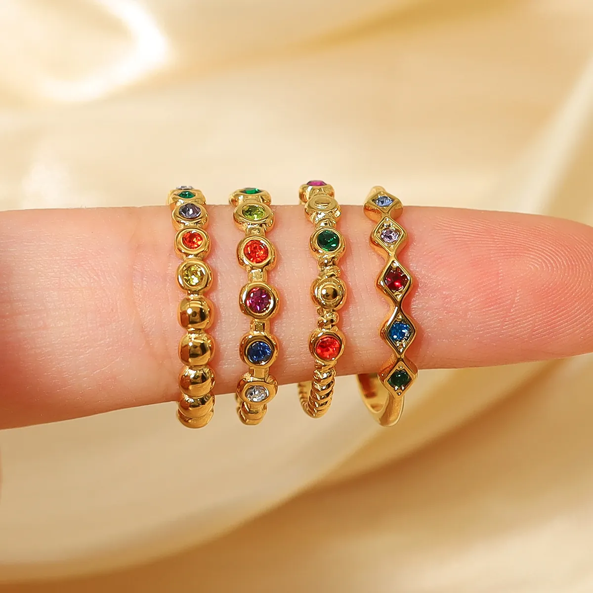 Geometric Rhombus Ring Stainless Steel With Multi Colored Zirconia Adjustable Open Fashion Jewelry For Women