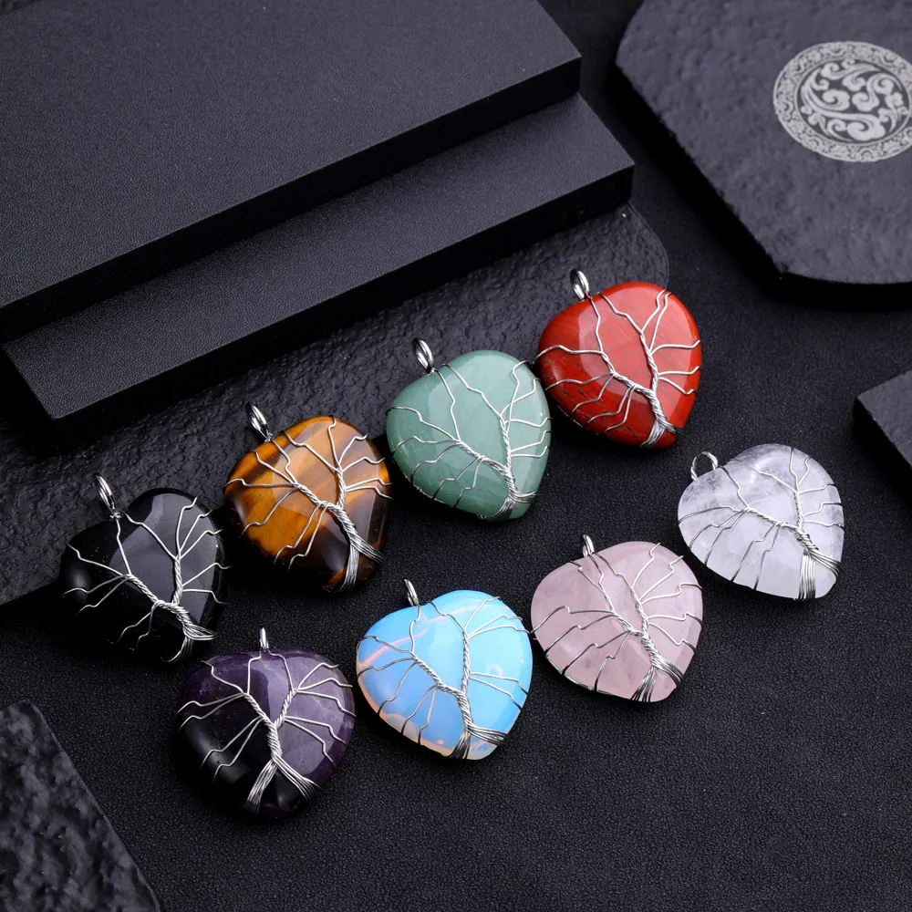 Heart Shape Tree Of Life Wire Wrapped Pendant Necklace Natural Stone Crystal Healing Reiki Jewelry For Women Men
