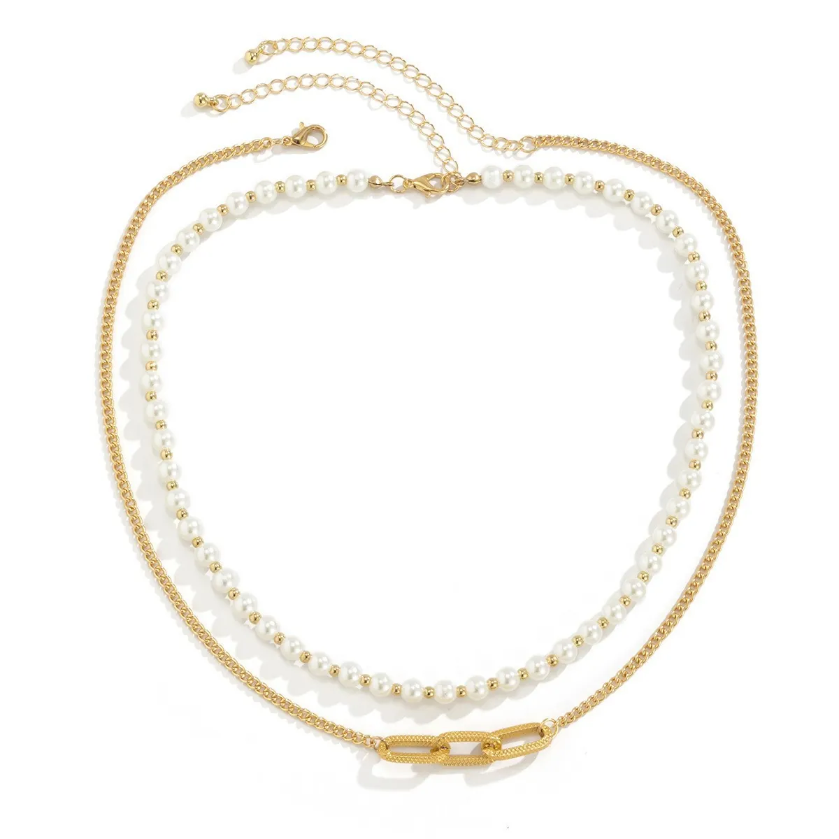 Layered Necklace Men Women Alloy Twist Chain With Imitation Artificial Pearl Beads Geometric Buckle Jewelry