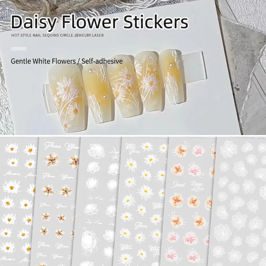 Flower Nail Art Stickers Ultra Thin Waterproof Self Adhesive White Daisy Floral Designs Women DIY Manicure