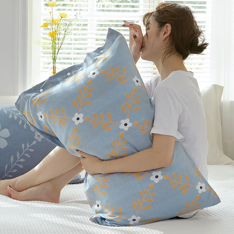 Pillowcase Pure Cotton Four Layer Gauze Snap Button Closure Floral Print Plaid Soft Breathable For Bedroom Home