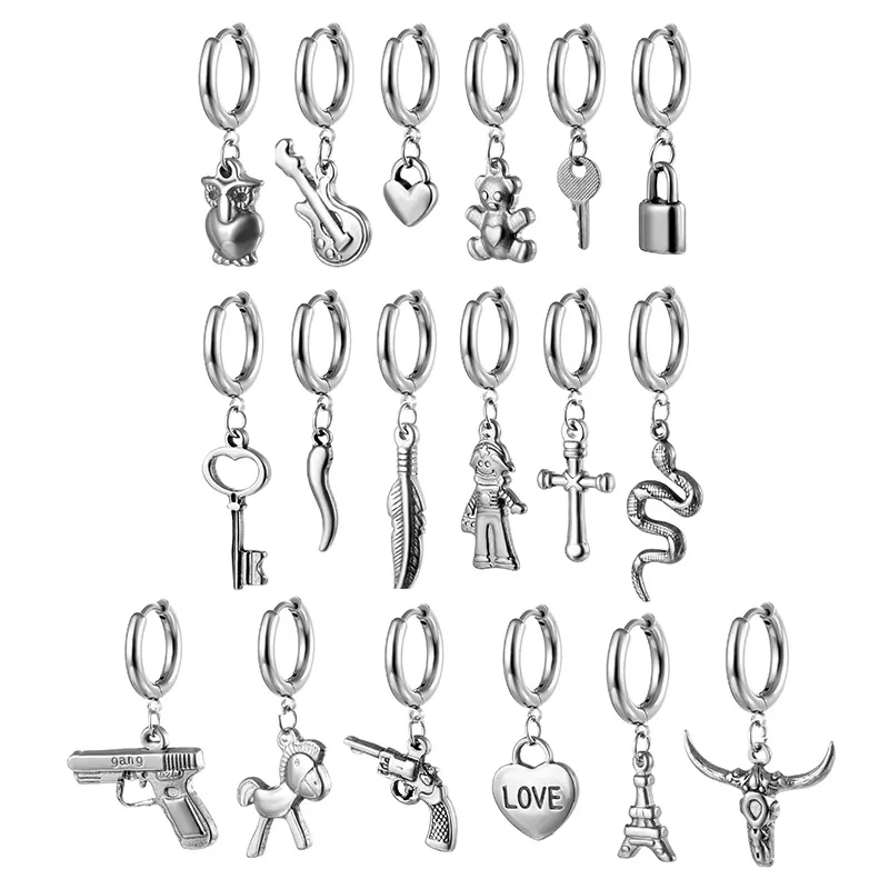 Boucles D'oreilles Créoles En Acier Inoxydable Avec Pendentifs Hibou Guitare Croix Pistolet Serpent Clé Punk Hip Hop