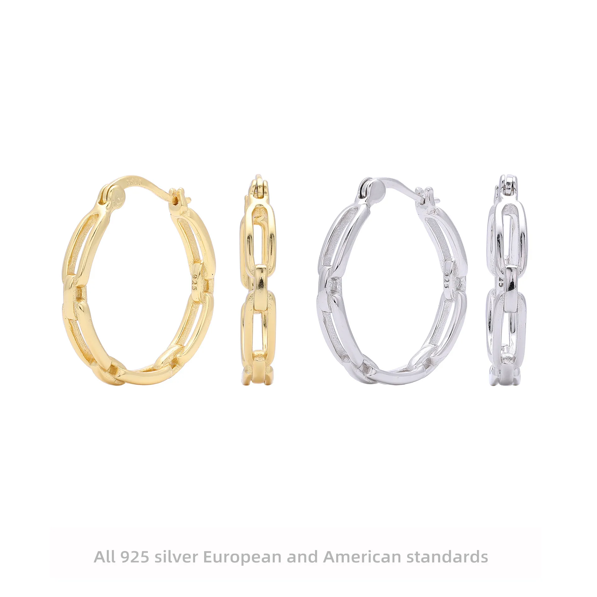 925 Sterling Silver Hollow Chain Hoop Earrings For Women Minimalist Fashion Geometric Ear Buckle Jewelry Gold Silver