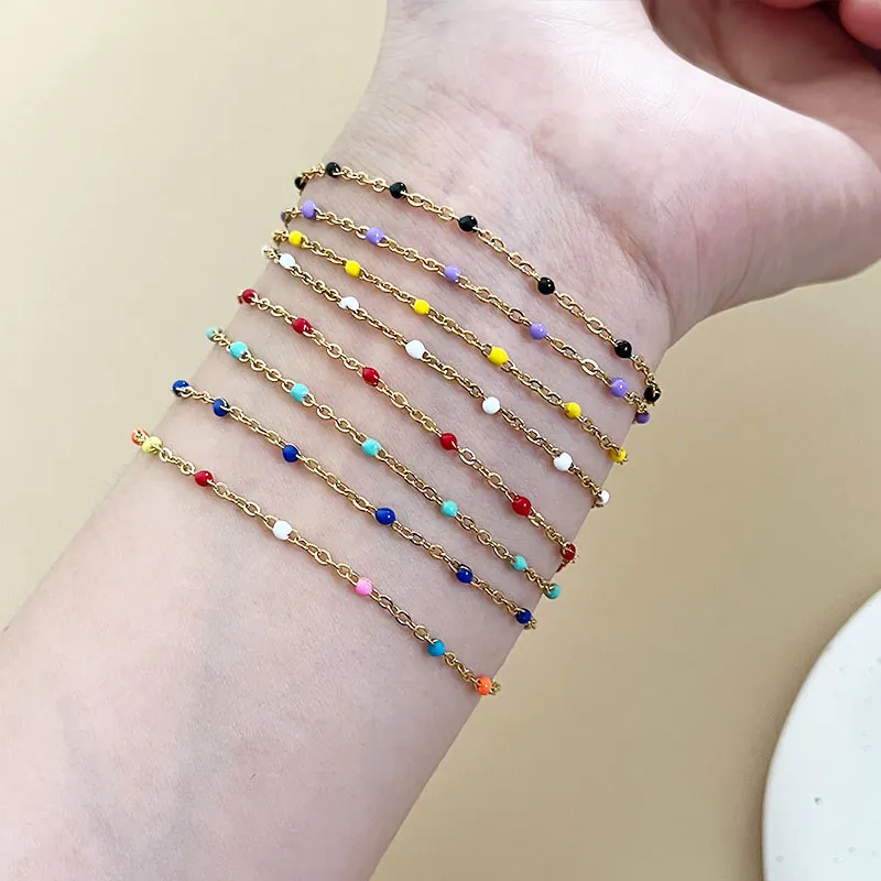 Stainless Steel Enamel Beaded Bracelet Delicate Gold Chain Adjustable Bohemian Minimalist Jewelry For Women
