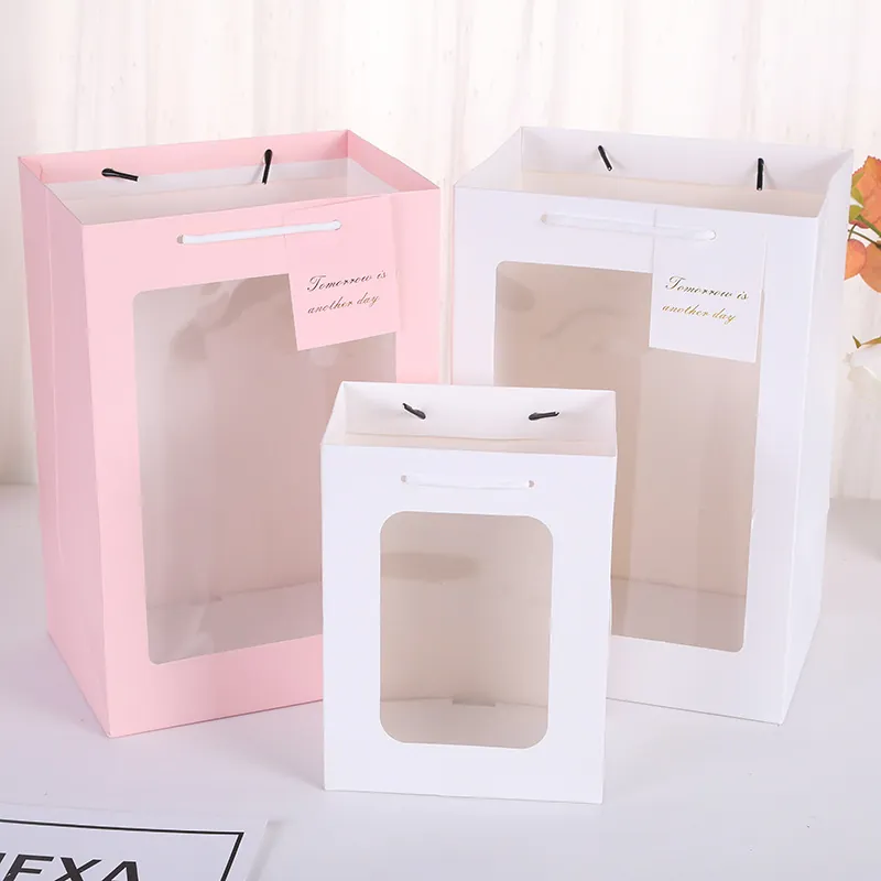 Transparent Window Gift Bags Cardboard Handbags With Handle PVC Panel Flower Packaging For Party Holiday Korean Style