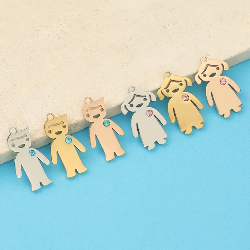 Ciondoli Forma Bambino Bambina Acciaio Inossidabile Con Strass DIY Creazione Gioielli Lucidato Charms Accessorio