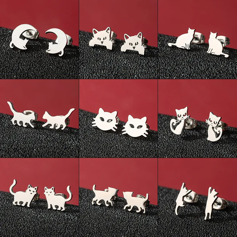Cat Stud Earrings Stainless Steel Cute Minimalist Animal Moon Kitten Silhouette Jewelry For Women Girls