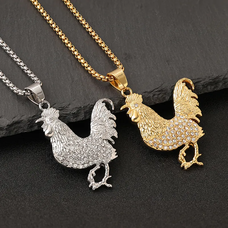 Hip Hop Rooster Pendant Necklace Iced Out Rhinestone Titanium Steel Vacuum Gold Plated Animal Jewelry For Men