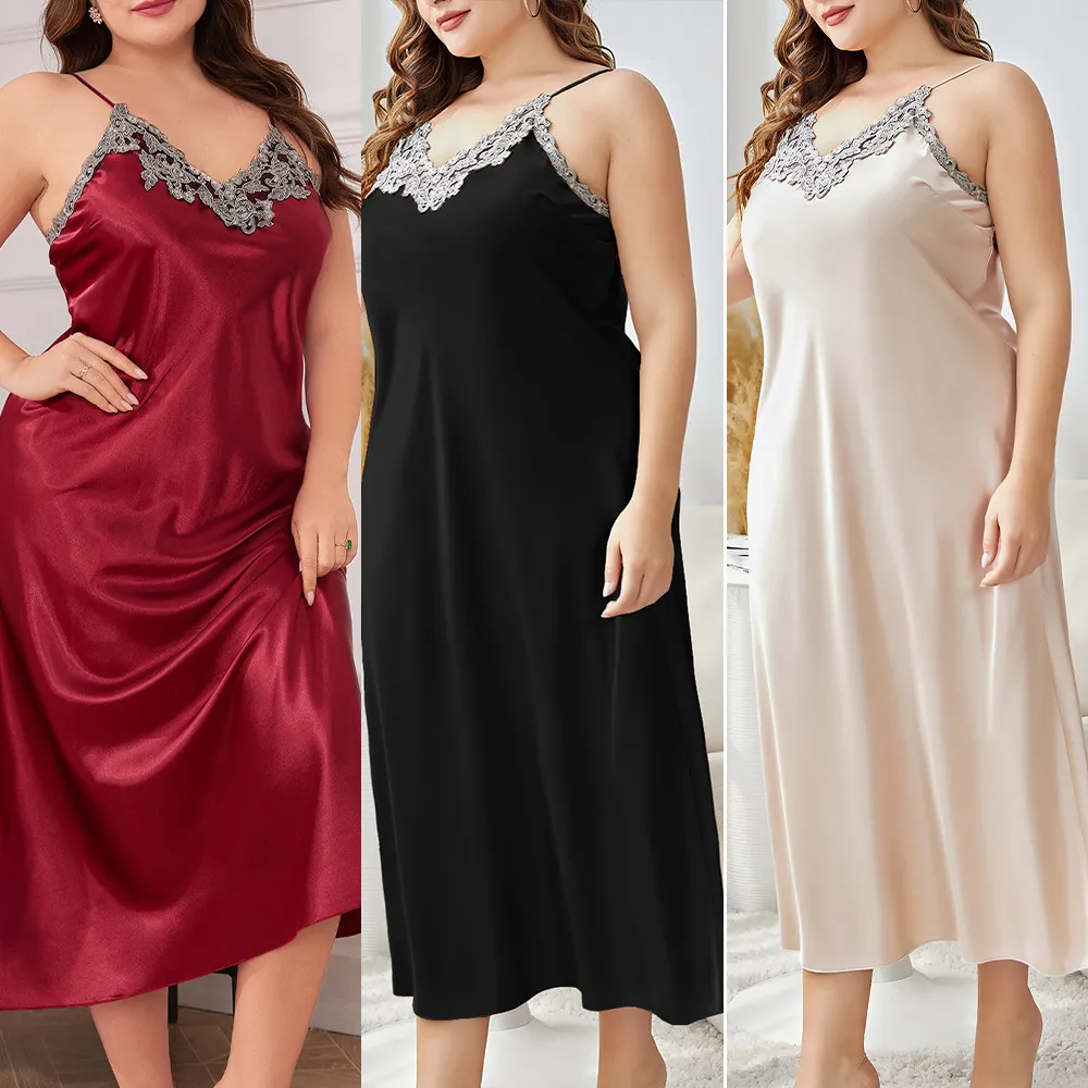 Plus Size Women Satin Nightgown Lace Trim V Neck Spaghetti Strap Satin Like Sleepwear Sexy Long Chemise Home Dress