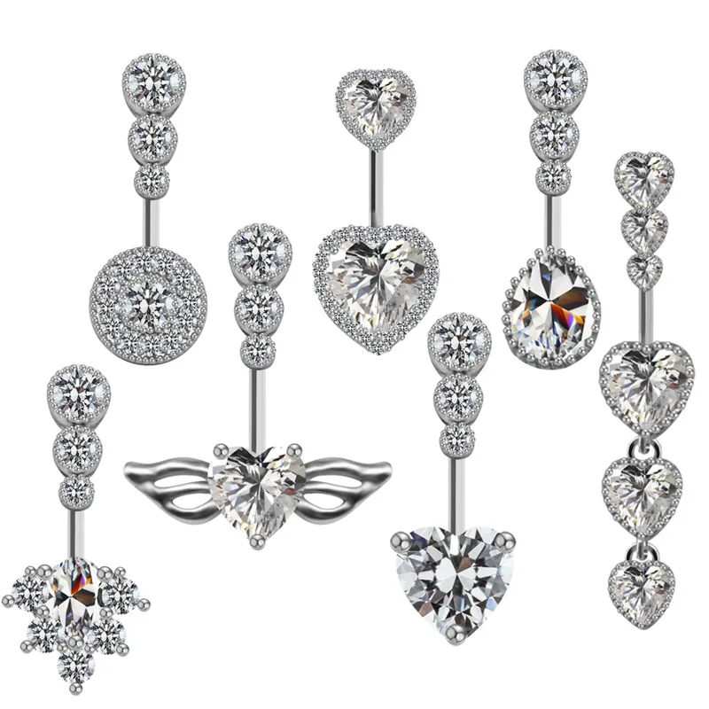 Heart Wing Dangle Belly Piercing Ring 316L Stainless Steel Copper Cubic Zirconia Navel Stud Body Jewelry For Women