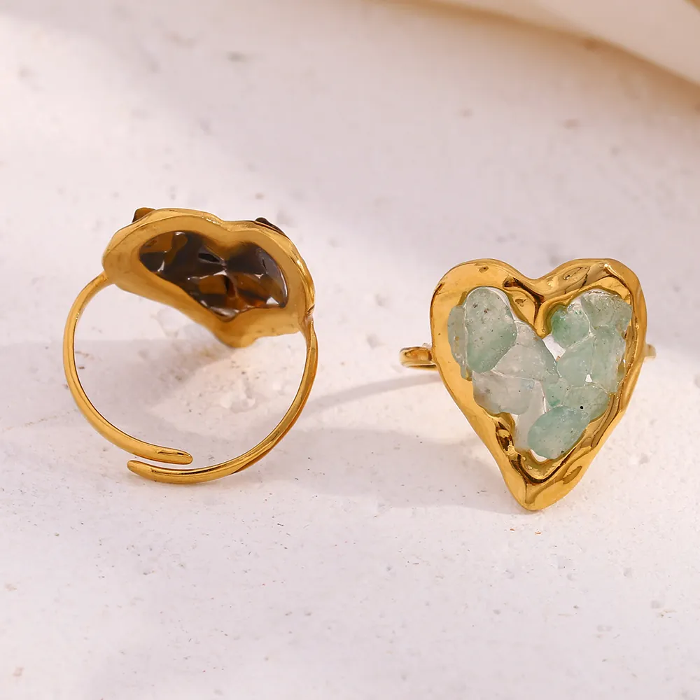Heart Open Ring 18K Gold Plated Stainless Steel Natural Crushed Stone Retro Bohemian Adjustable Jewelry For Women