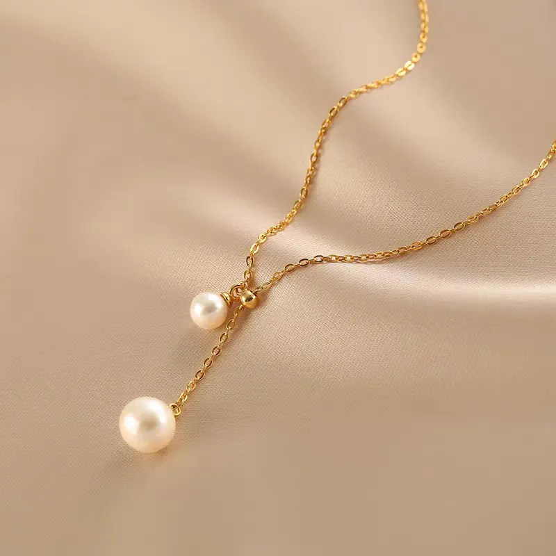 Artificial Pearl Y Shaped Necklace Titanium Steel Adjustable Clavicle Chain Minimalist Jewelry Gift For Women