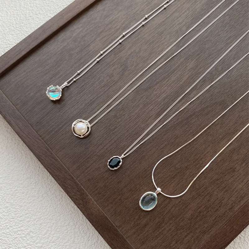 925 Sterling Silver Pendant Necklace For Women Minimalist Clavicle Chain With Artificial Pearl Moonstone Zircon And Colorful Gemstone