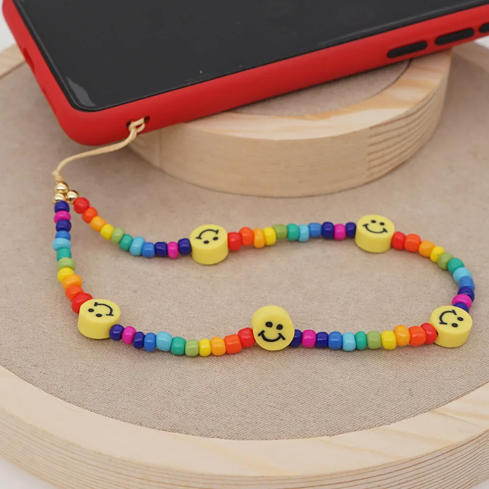 Beaded Phone Lanyard Colorful Acrylic Beads Smiley Face Charm Bohemian Style Tech Accessory For Women Girls Handmade