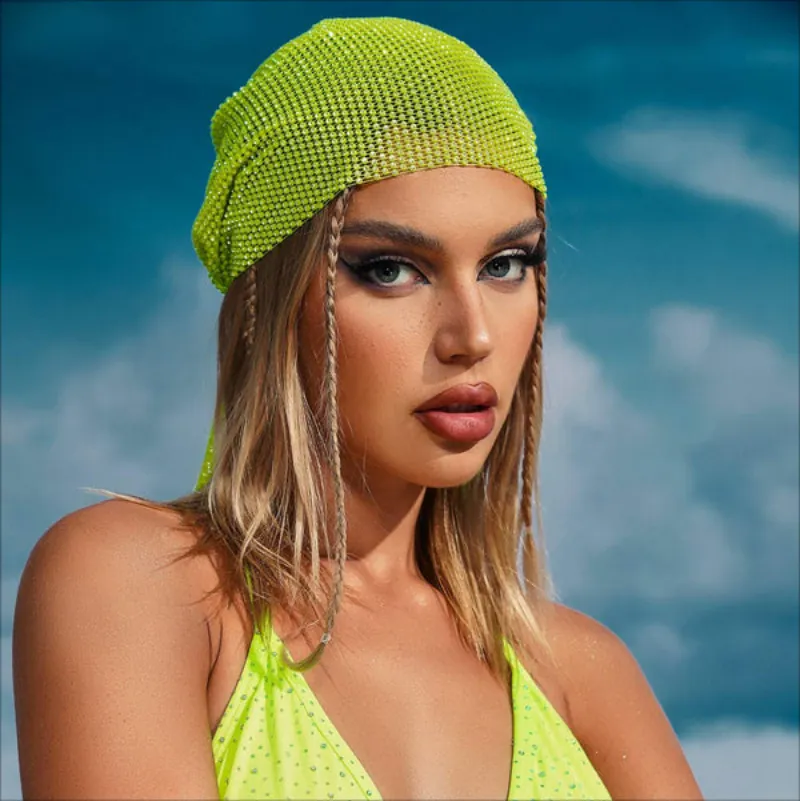 Women Rhinestone Mesh Turban Headband Elastic Hollow Out Glitter Headscarf For Party Beach Rave Hair Accessories