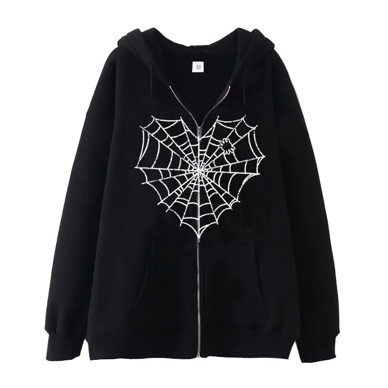 Zip Up Hoodie Spider Web Heart Print Gothic Streetwear Sweatshirt Long Sleeve Drawstring Pocket Men Women