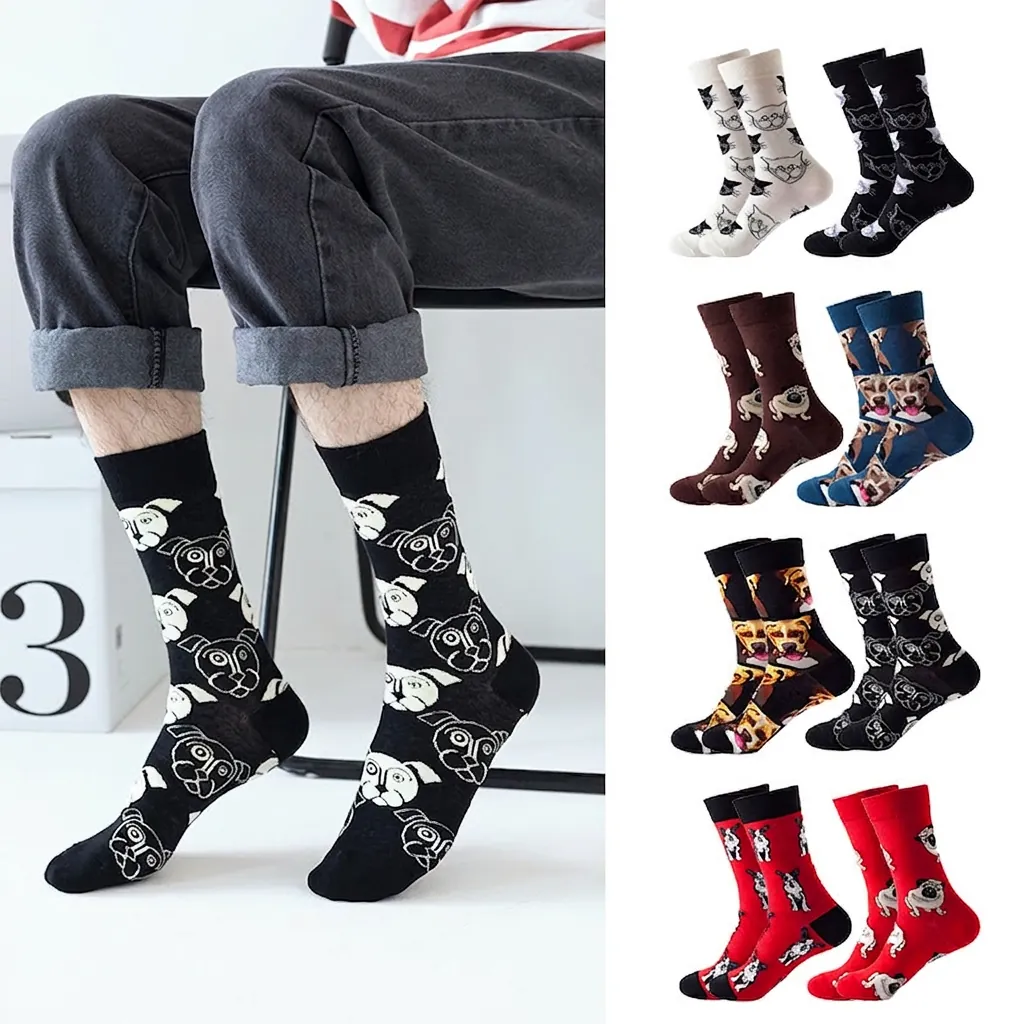 Crew Socks Cotton Blend Animal Pattern Cartoon Bulldog Pug Cat Head Print Casual Trendy Fun Fashion Footwear For Unisex