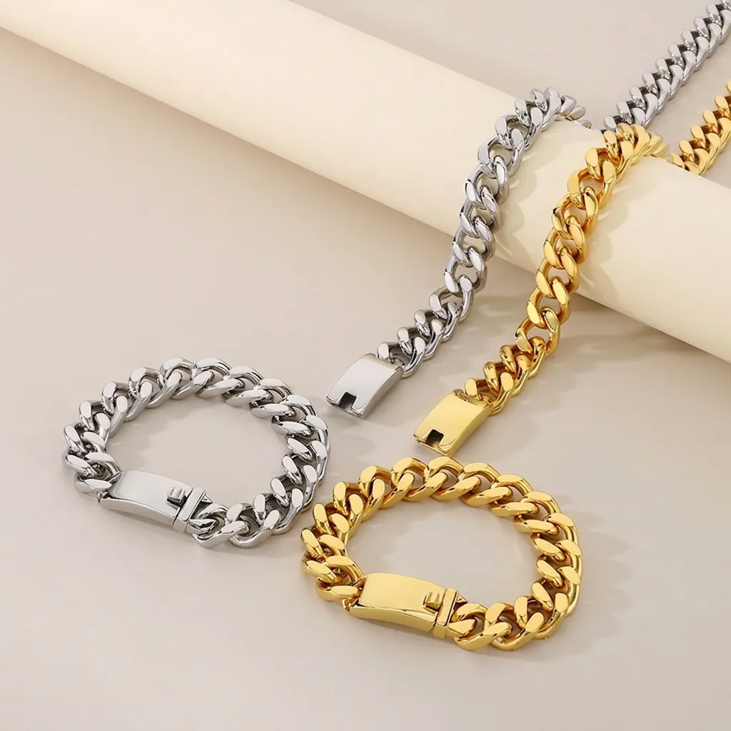 Collana E Bracciale A Catena Cubana Hip Hop Acciaio Inossidabile Lucido Punk Gioielli Esagerati Unisex