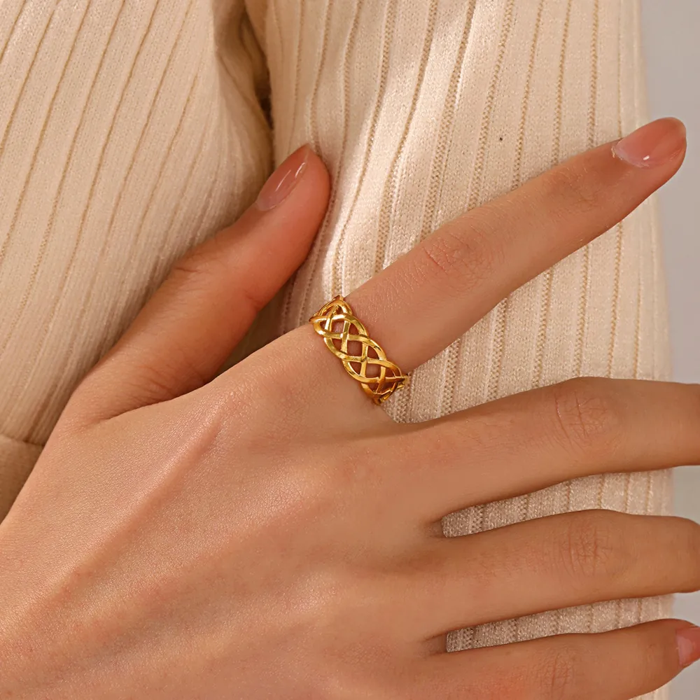 Stainless Steel Ring Gold Plated Hollow Woven Lattice Geometric Open Adjustable Minimalist Modern Jewelry Women