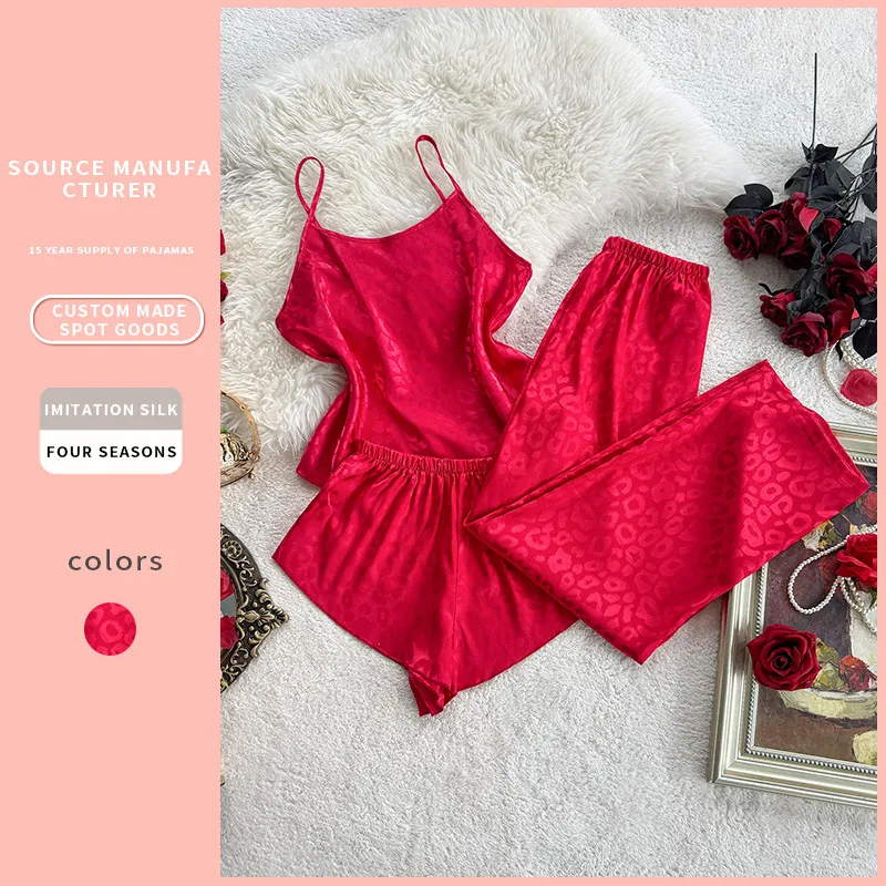 Pyjama Jacquard Léopard Caraco Short Et Pantalon Rouge Satin Loungewear Vêtements De Nuit Femmes Élégant Sexy