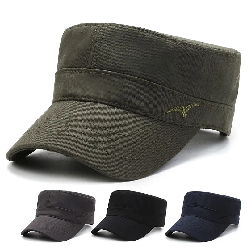 Vintage Cotton Cadet Cap Military Hat With Bird Embroidery Adjustable Flat Top Sun Hat For Men