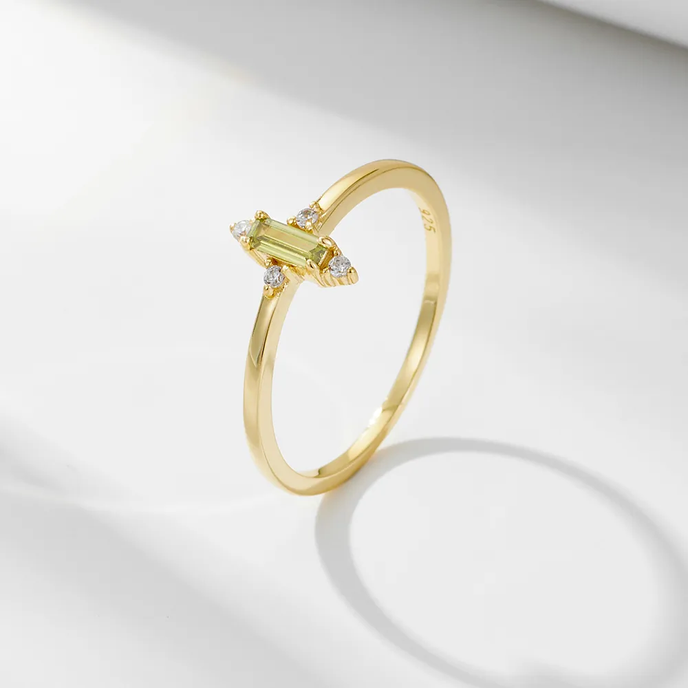 925 Sterling Silver Gold Plated Olive Green Rectangular Zirconia Ring For Women Minimalist Geometric Emerald Cut Lightweight Jewelry Finger Ring