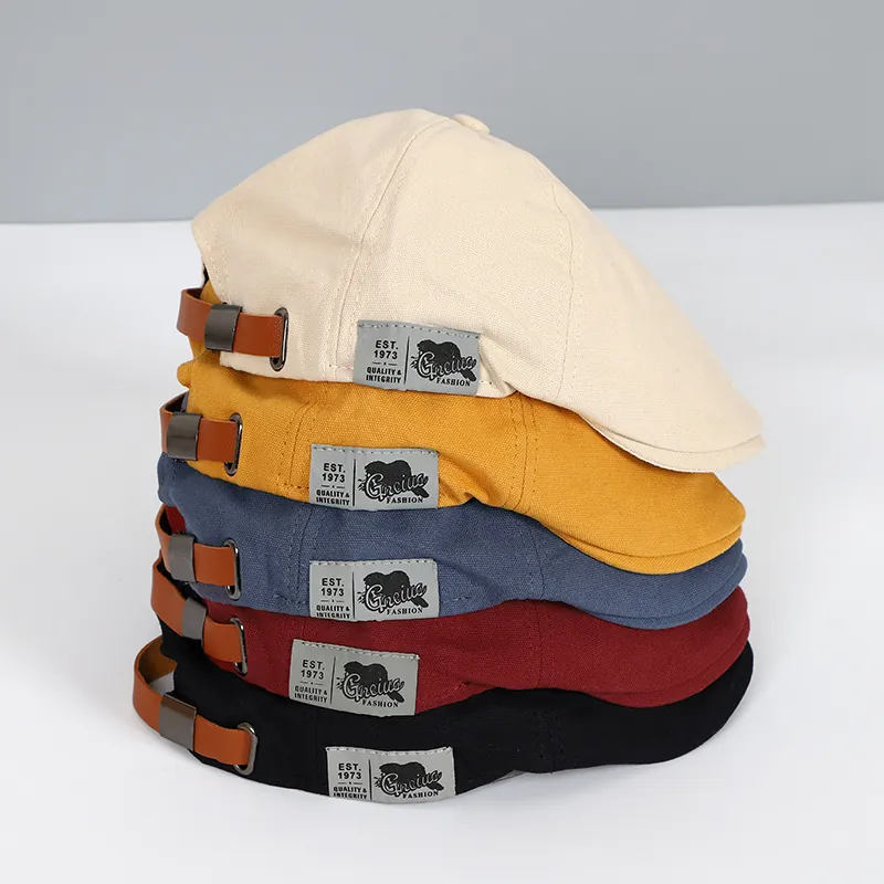 Japanese Street Style Cotton Newsboy Cap Retro Adjustable Leather Strap Beret Hat For Men Women Solid Color Flat Cap