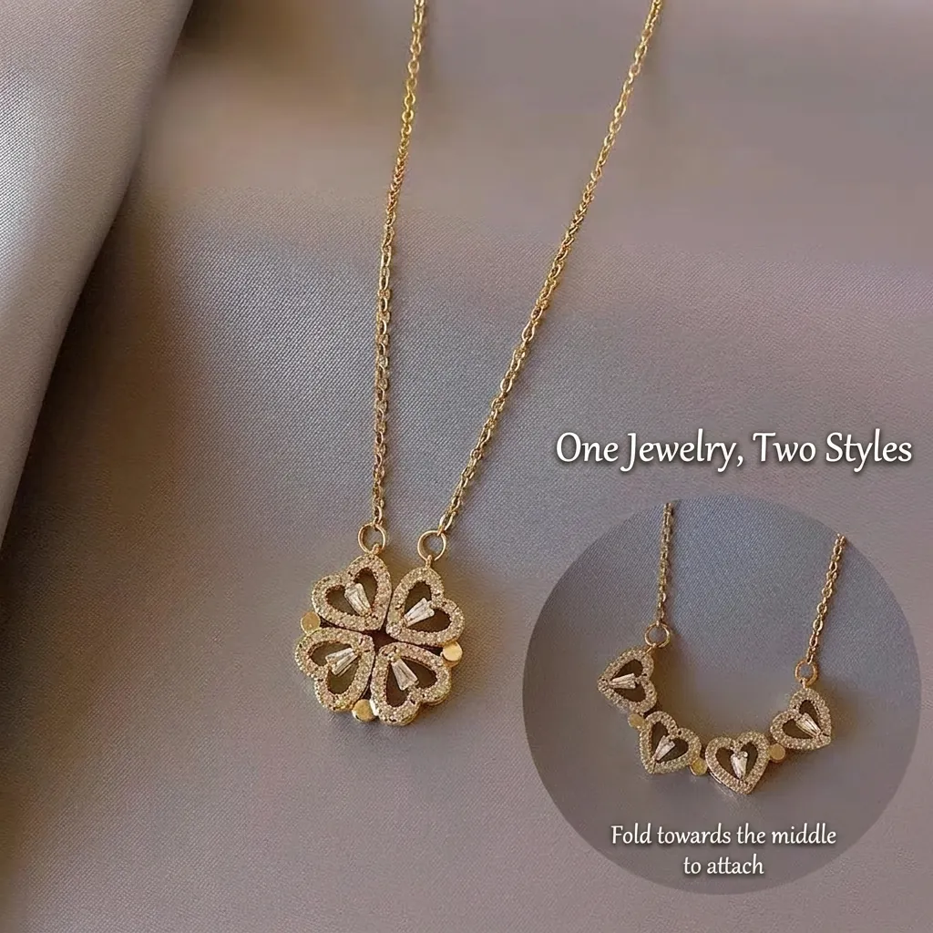 Magnetic Foldable Four Leaf Clover Necklace Two Way Wearable Titanium Steel Gold Plated Zirconia Heart Pendant Women Elegant