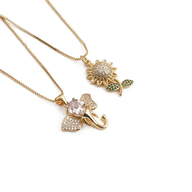 Collier Pendentif Cuivre Zircon Cubique Tournesol Éléphant Chaîne À Maillons Étincelante Bijoux Pour Femmes
