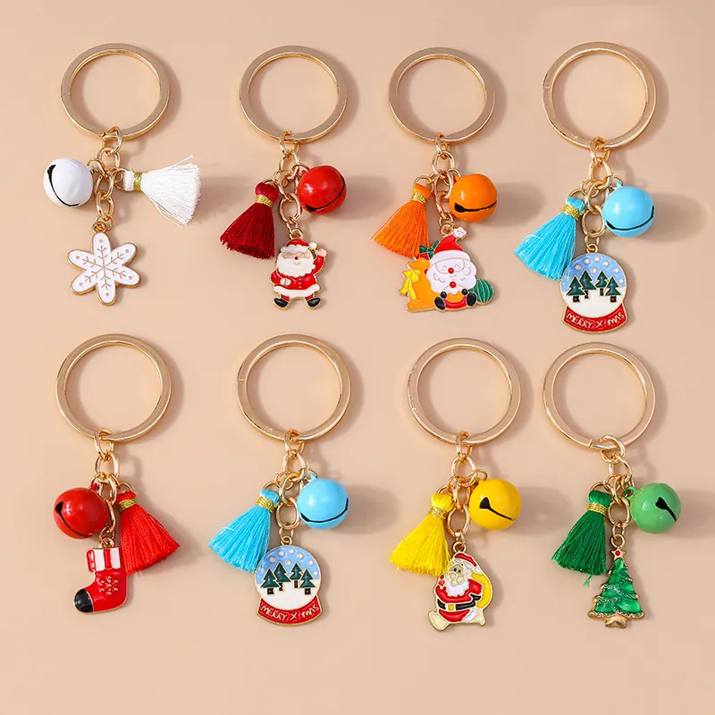 Christmas Elements Metal Keychain With Tassel Bell Santa Claus Snowflake Enamel Pendant Holiday Charm For Bag Car Key Gift