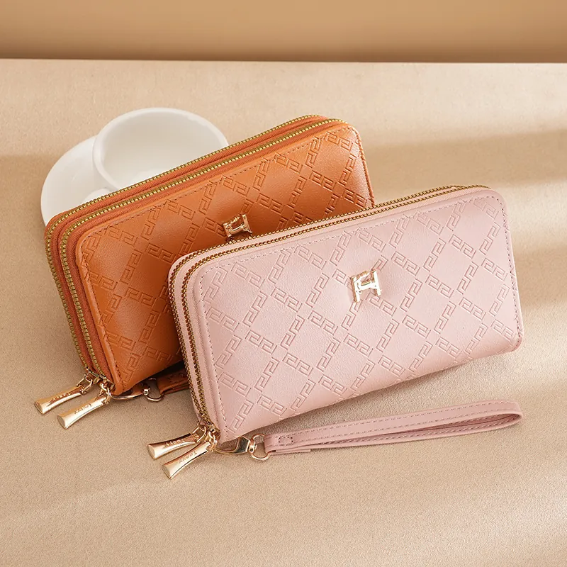 Portafoglio Lungo Donna Pelle PU Doppia Cerniera Grande Capacità Tasca Cellulare Con Cinturino Polso Motivo Geometrico Elegante Pochette