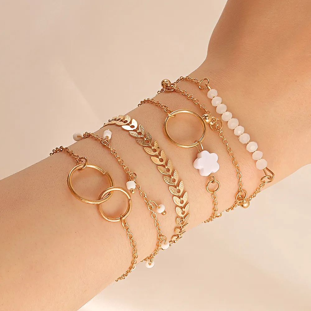 Bracciale Multistrato Lega Finta Perla Artificial Foglia Geometrico Cerchio Fiore Nappa Gioielli Moda Per Donne