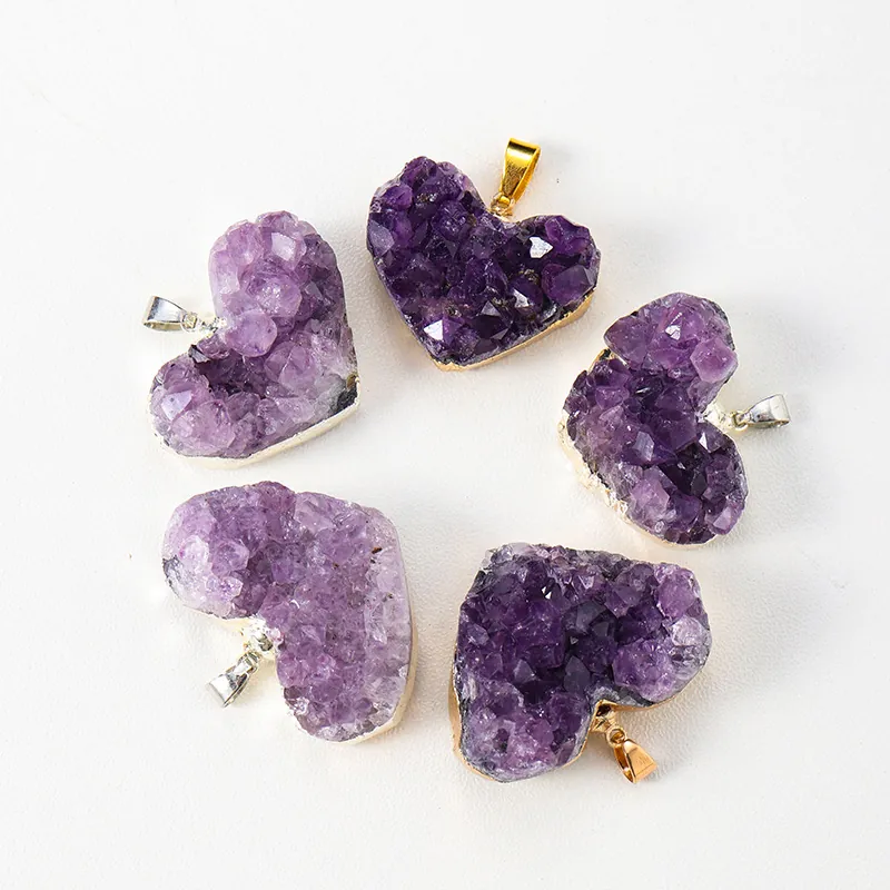 Ciondolo Collana Cuore Geode Ametista Naturale Cluster Cristallo Viola Grezzo Bordo Oro Argento Regalo Donna Gioielli Cordino Cuoio